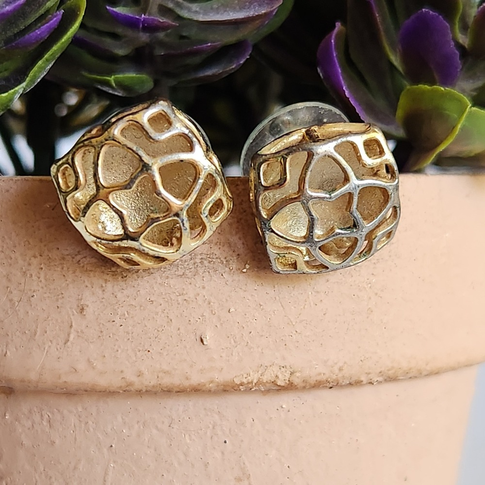 Gold Tone Geometric Openwork Cage Stud Earrings Square Textured Modernist 0.5"
